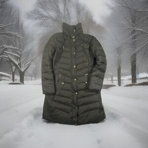Michael Kors Puffer Coat Women's M Solid Green Buttons Zips Jacket